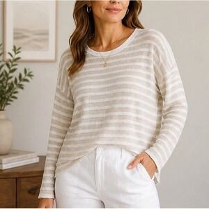 Eileen Fisher XL Organic Linen Striped Sweater Ivory Beige Lightweight